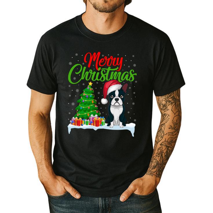 Boston Terrier Christmas Tree Lights Xmas Dog Lover Men's Casual T-Shirt
