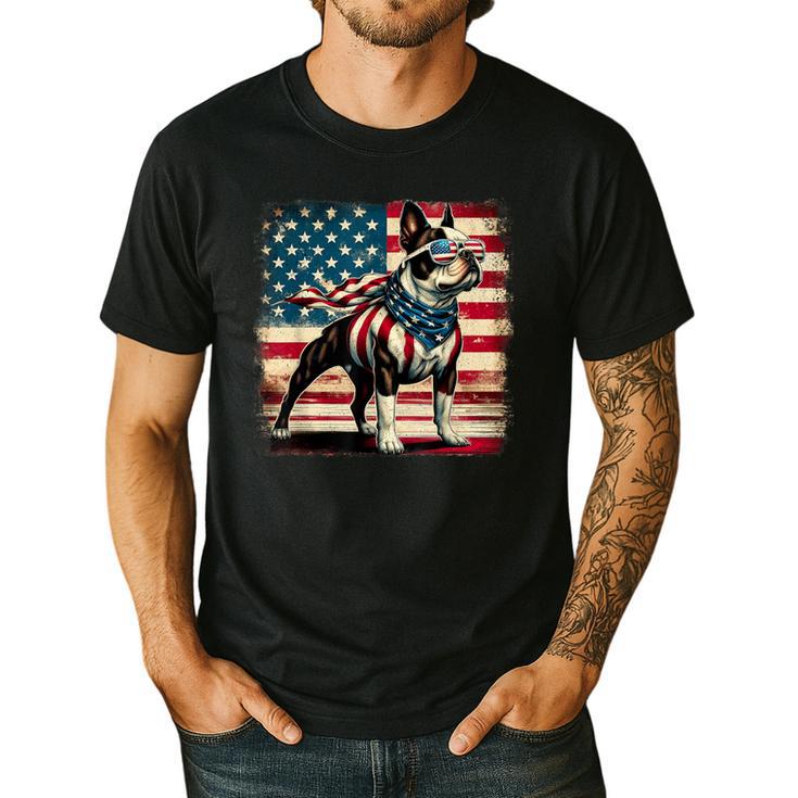 Boston Terrier Dog 4th Of July USA American Flag Patriotic Men's Casual T-Shirt