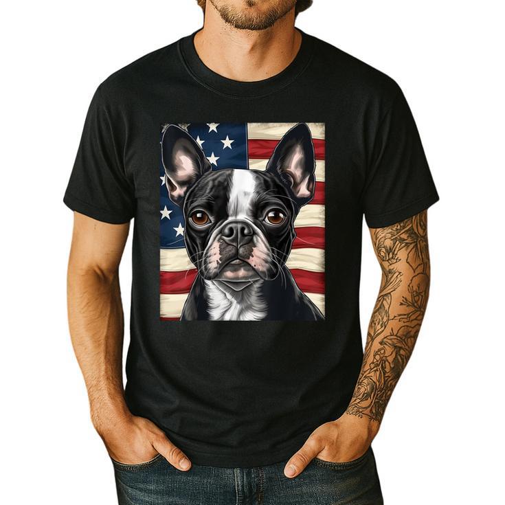 Boston Terrier Dog American Flag 4th Of July Patriotic Puppy Men's Casual T-Shirt