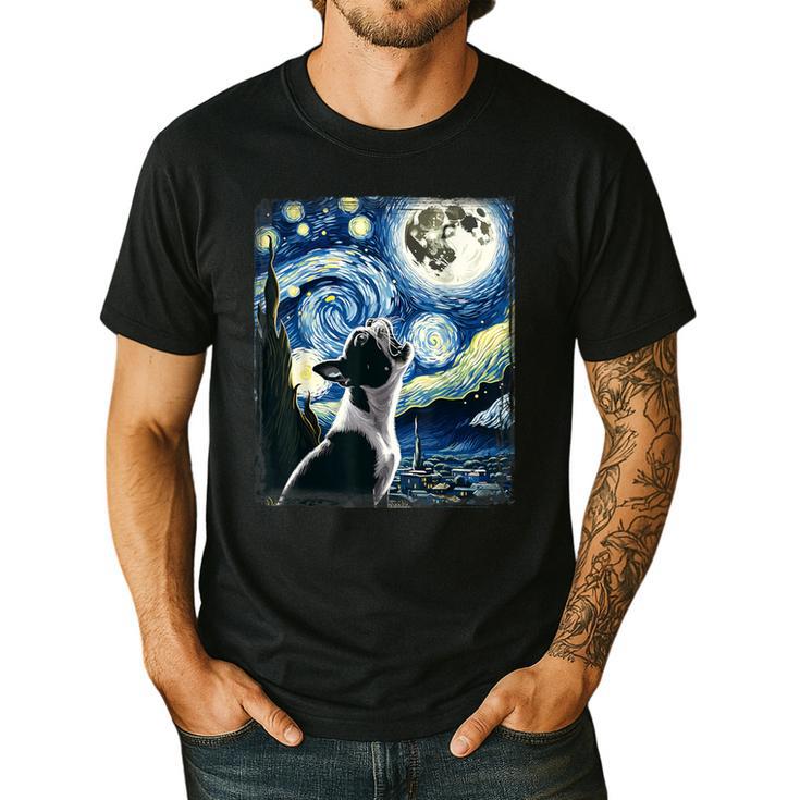 Boston Terrier Dog Art Van Gogh Starry Night Boston Terrier Men's Casual T-Shirt
