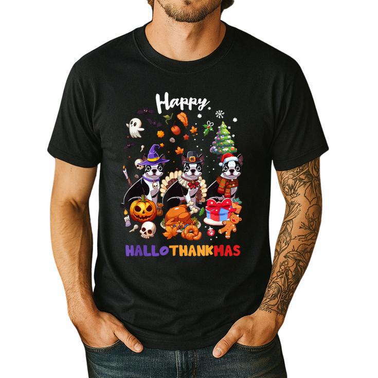 Boston Terrier Dog Christmas Happy Hallothankmas Halloween For Men Women Kids Men's Casual T-Shirt