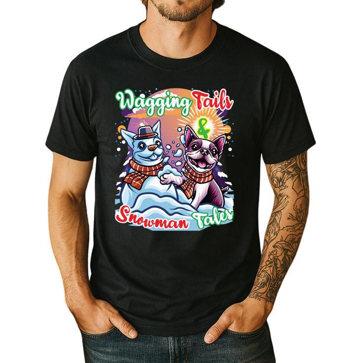 Boston Terrier Dog Christmas Snowman Winter Snow Men's Casual T-Shirt