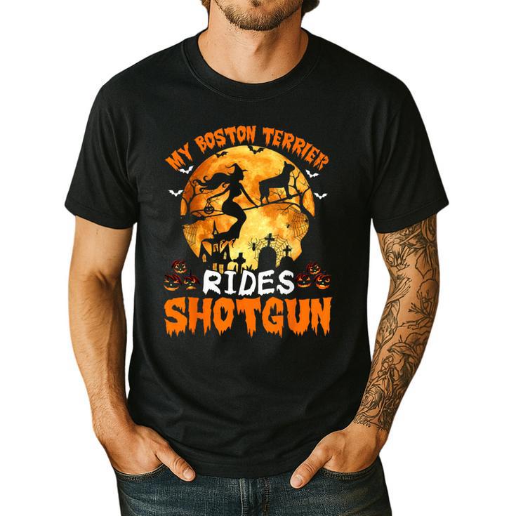My Boston Terrier Dog Rides Shotgun Witch Halloween Men Women Men's Casual T-Shirt