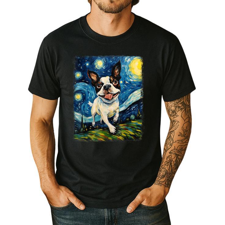 Boston Terrier Dog Starry Night Painting Men's Casual T-Shirt