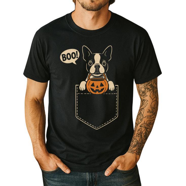 Boston Terrier Halloween Cute Bostie Dog Pocket Boo Men's Casual T-Shirt