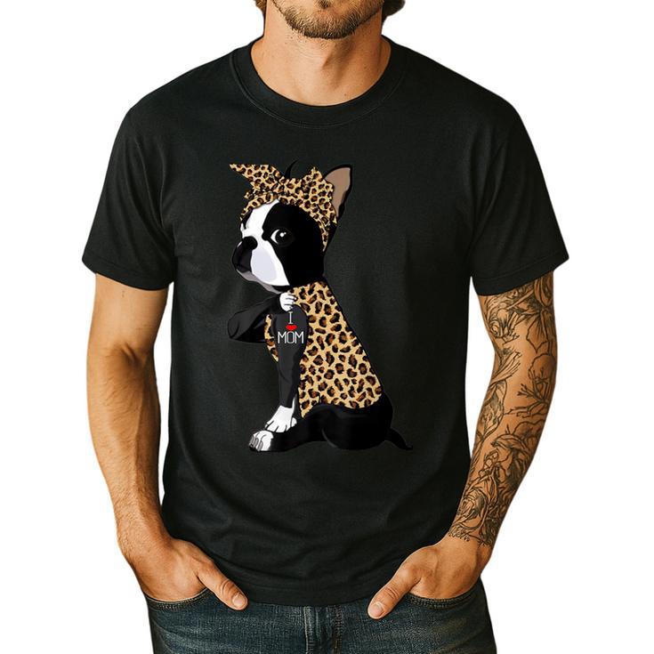 Boston Terrier Lover I Love Mom Tattoo Leopard Men's Casual T-Shirt