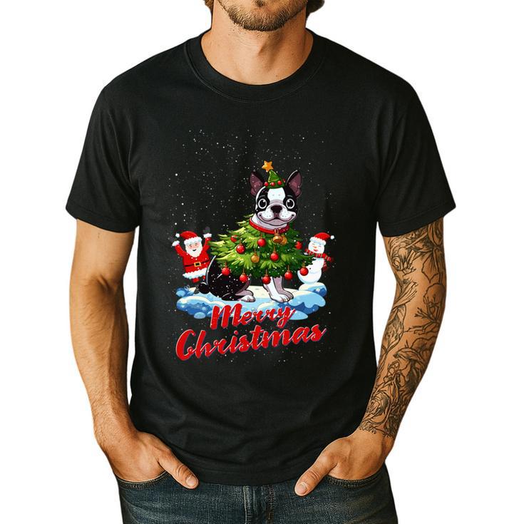 Boston Terrier Merry Christmas Tree Lights Dog X-Mas Dogs Men's Casual T-Shirt