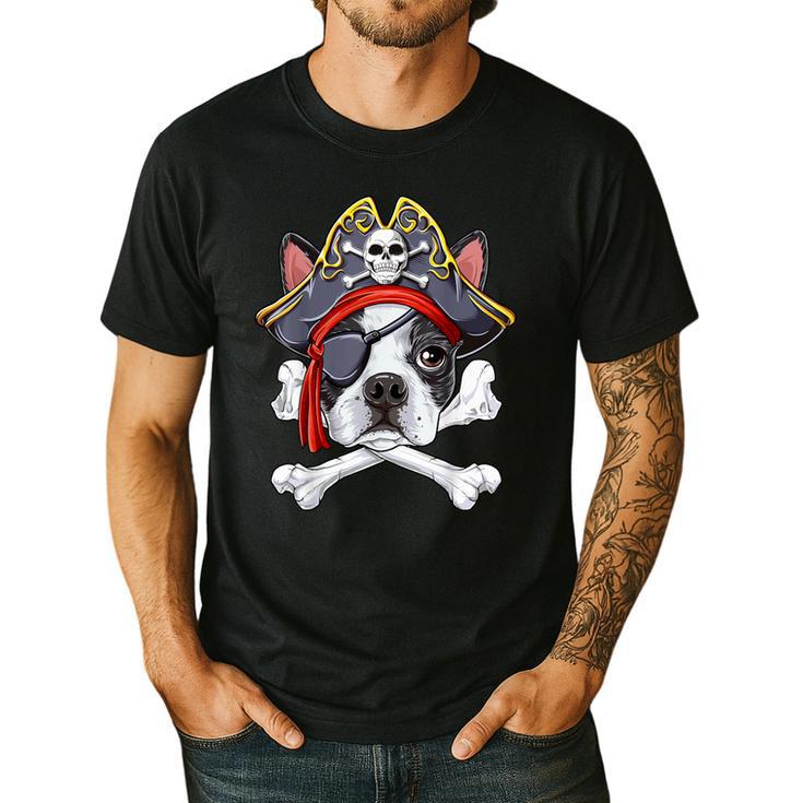 Boston Terrier Pirate T Shirt Jolly Roger Crossbones Skull Men's Casual T-Shirt