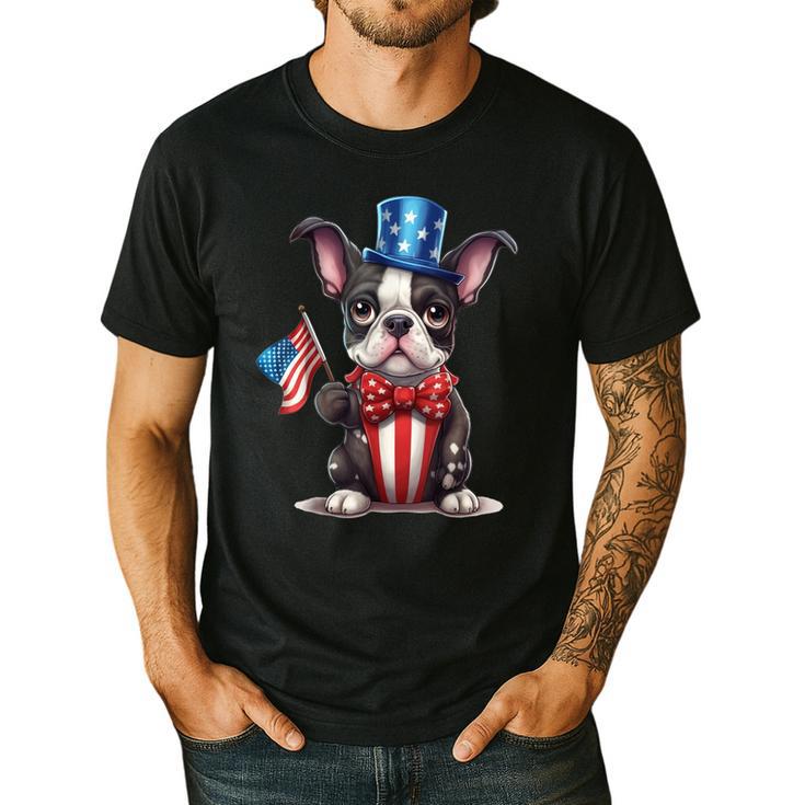 Boston Terrier Puppy Dog Holds His American Flag 4th Of July Men's Casual T-Shirt