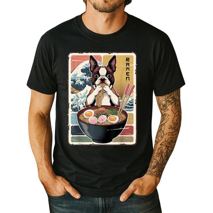 Boston Terrier Ramen Noodles Japanese Art Retro Ocean Waves Men's Casual T-Shirt