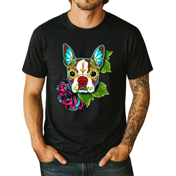 Boston Terrier In Red Day Of The Dead Sugar Skull Dog Men's Casual T-Shirt