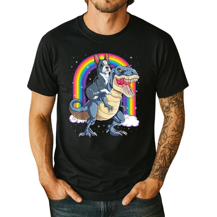 Boston Terrier Riding Dinosaur T-Rex Boys Kids Rainbow Men's Casual T-Shirt