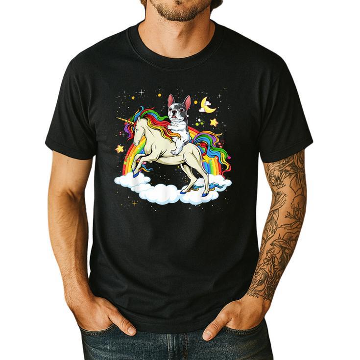 Boston Terrier Riding Unicorn Boys Girls Kids Rainbow Men's Casual T-Shirt