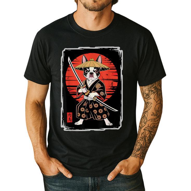 Boston Terrier Samurai Ninja Vintage Anime Japanese Ukiyo-e Men's Casual T-Shirt