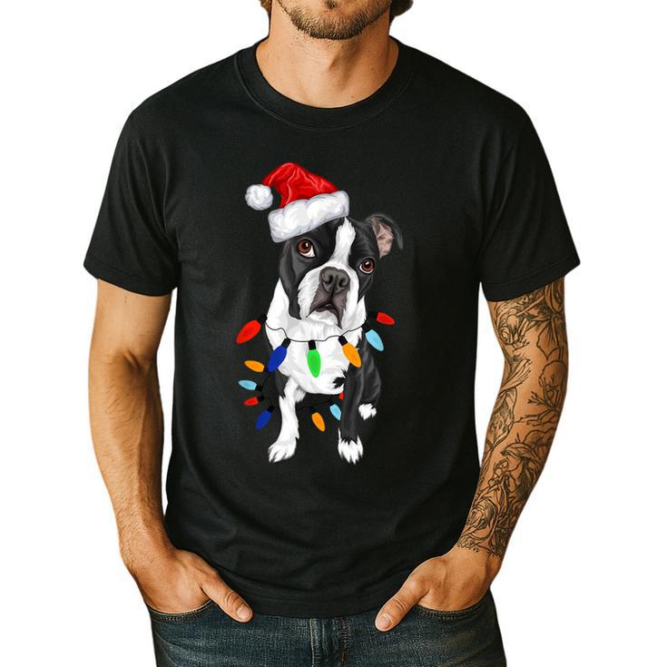 Boston Terrier Santa Christmas Lights Xmas Dog Lover Men Women Kids Men's Casual T-Shirt