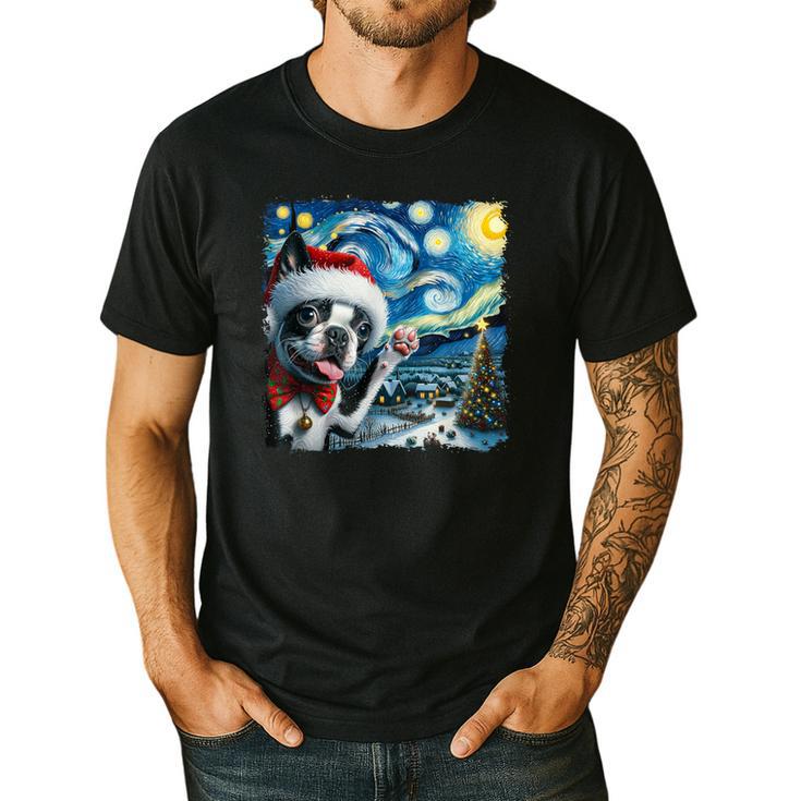 Boston Terrier Santa Starry Night Van Gogh Christmas Dog Men Women Kids Men's Casual T-Shirt