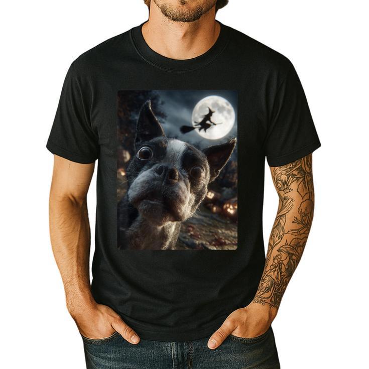 Boston Terrier Selfie Full Moon Flying Witch Halloween Dog Men's Casual T-Shirt