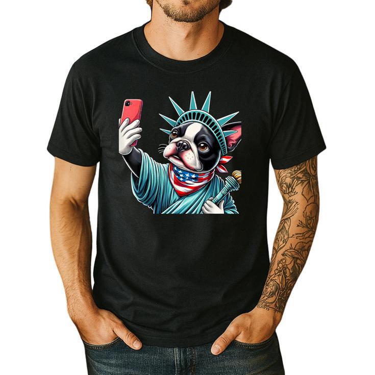 Boston Terrier Selfie Statue Of Liberty 4th Of July American Men's Casual T-Shirt