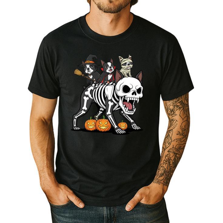 Boston Terrier Skeleton Mummy Witch Halloween Men's Casual T-Shirt