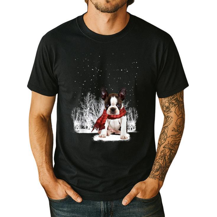 Boston Terrier In The Snow Merry Christmas Winter Men's Casual T-Shirt
