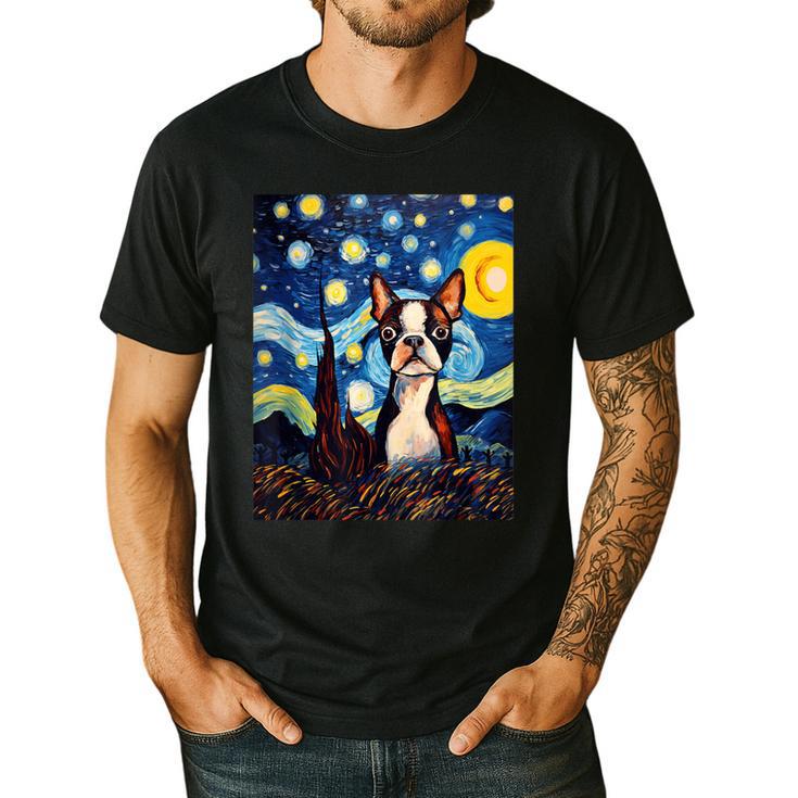 Boston Terrier Starry Night Van Gogh Art Men's Casual T-Shirt