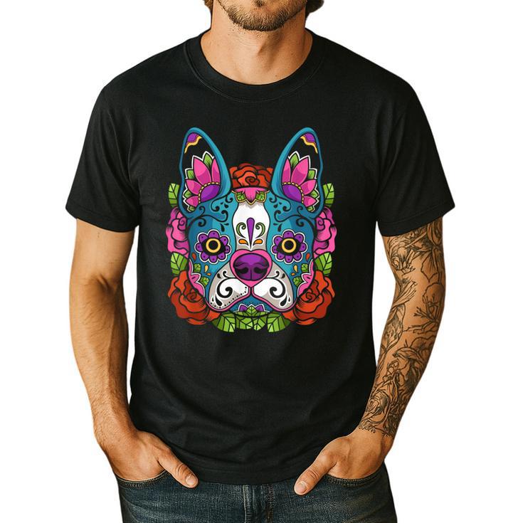 Boston Terrier Sugar Skull Dog Day Of The Dead Men's Casual T-Shirt