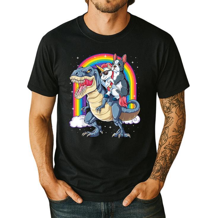 Boston Terrier Unicorn Riding Dinosaur T-Rex Girls Rainbow Men's Casual T-Shirt