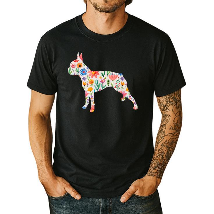 Boston Terrier Watercolor Flowers Men's Casual T-Shirt