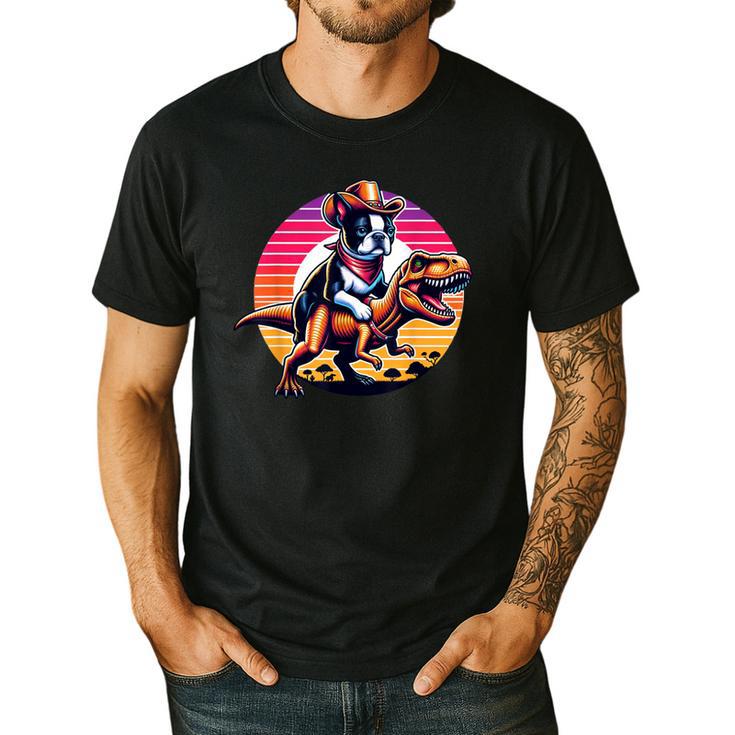Boston Terrier Wearing A Cowboy Hat On T-Rex Men's Casual T-Shirt