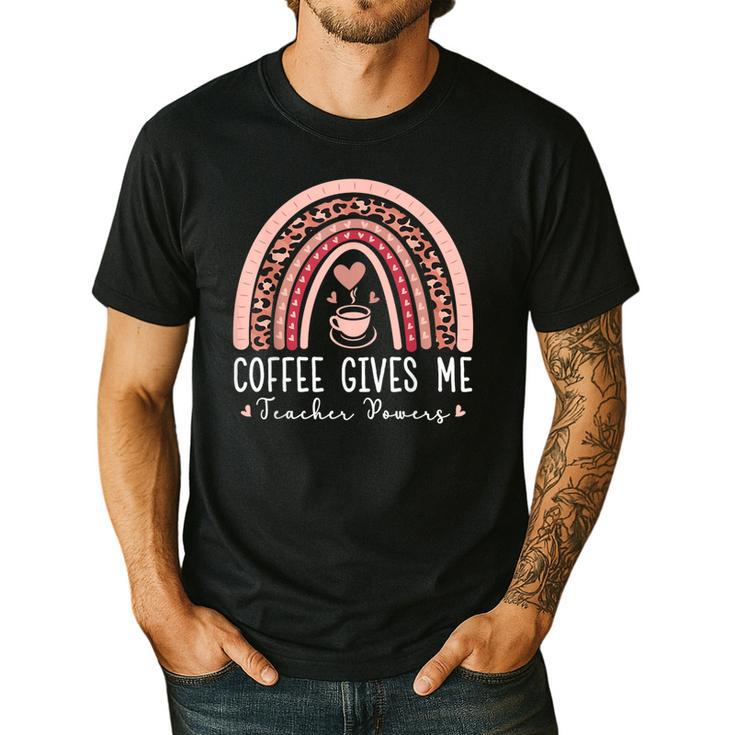 Coffee Gives Me Teacher Powers Leopard Rainbow Teacher Men's Casual T-Shirt
