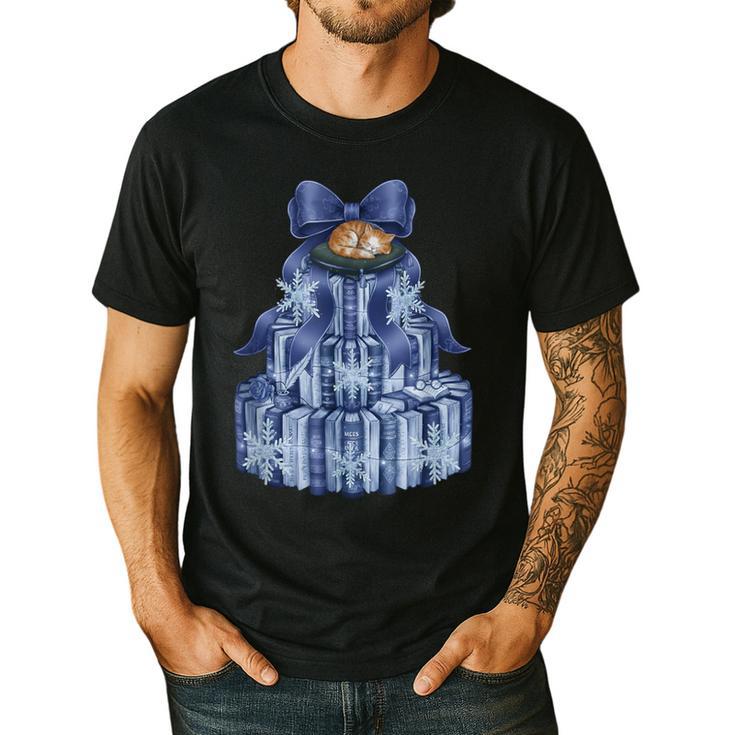 Coquette Bow Book Tree Merry Christmas Xmas Teacher Holiday Men's Casual T-Shirt