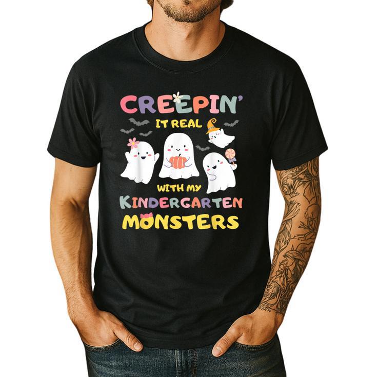 Creepin It Real With Kindergarten Monsters Halloween Teacher Men's Casual T-Shirt