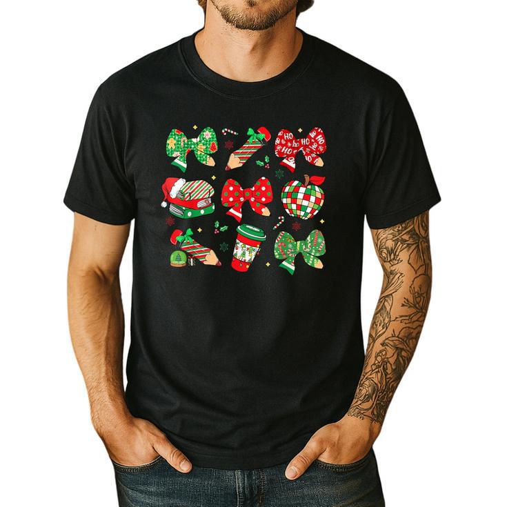 Cute Coquette Pencil Bow Christmas School Teacher Student Men's Casual T-Shirt