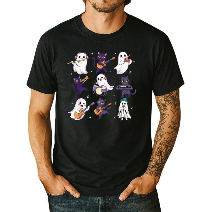Cute Ghost Cat Playing Musical Halloween Music Teacher Men's Casual T-Shirt