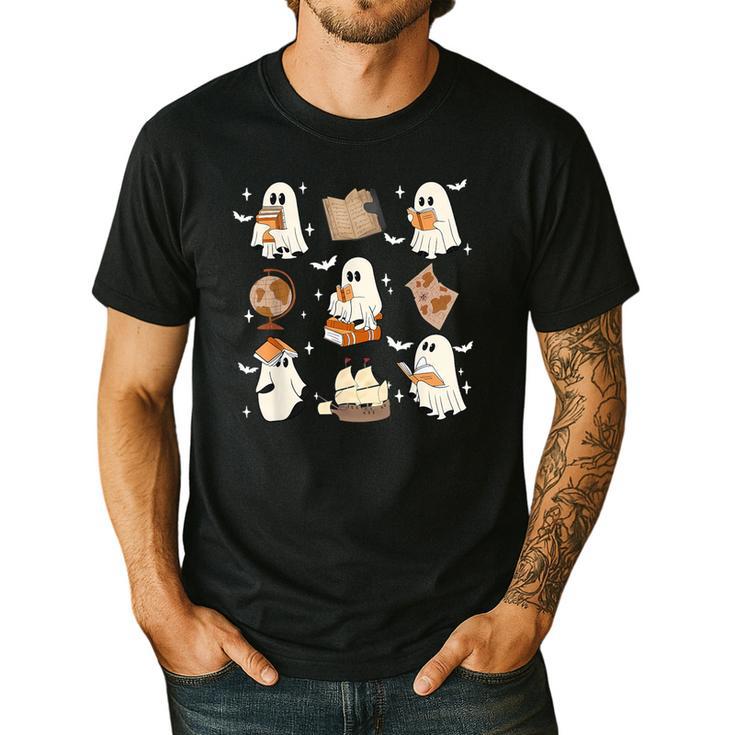 Cute Ghosts Reading Book Bookworm Halloween History Teacher Men's Casual T-Shirt