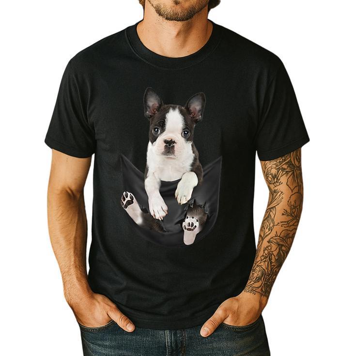 Dog Lovers Boston Terrier In Pocket Dog Face For Men Women Kids Men's Casual T-Shirt