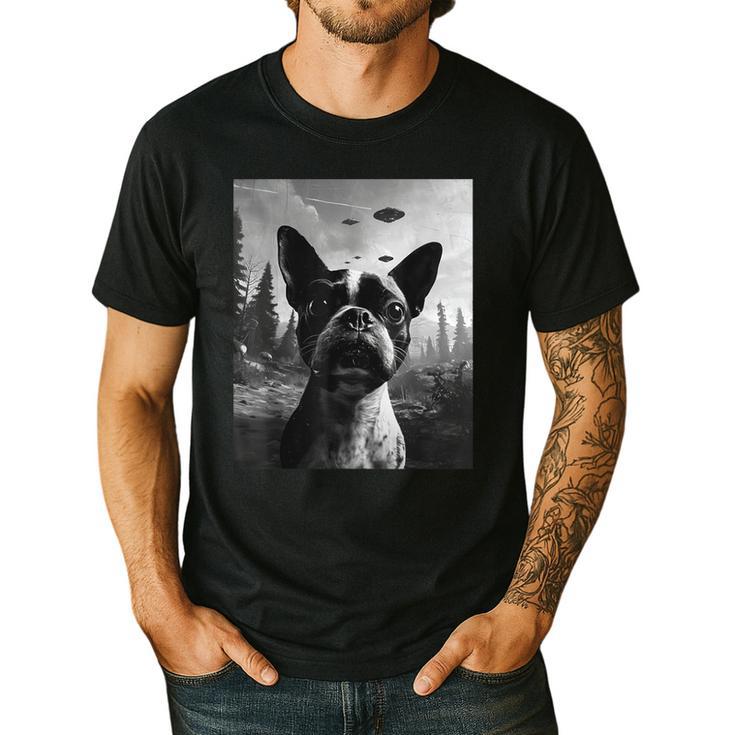 Dog Mom Dad Alien Selfie Boston Terrier UFO For Men Women Men's Casual T-Shirt