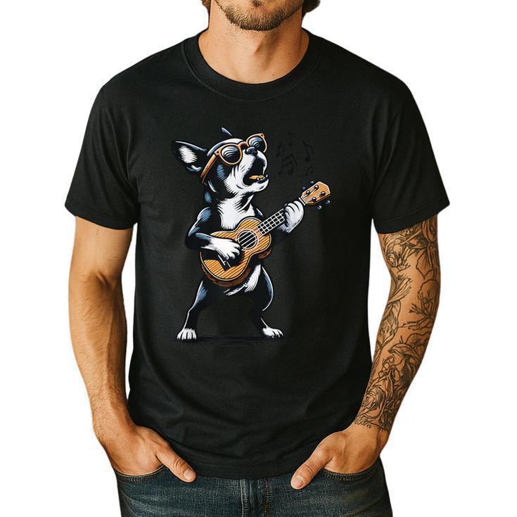 Dog Playing Guitar Singing Boston Terrier For Men Women Girls Kids Men's Casual T-Shirt