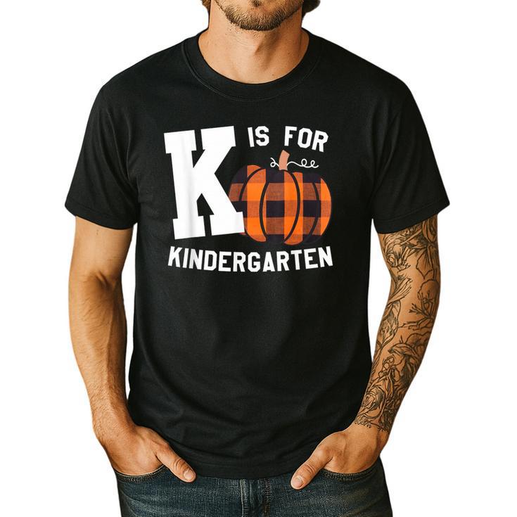 Fall Kindergarten Teacher K Is For Buffalo Plaid Pumpkin Men's Casual T-Shirt