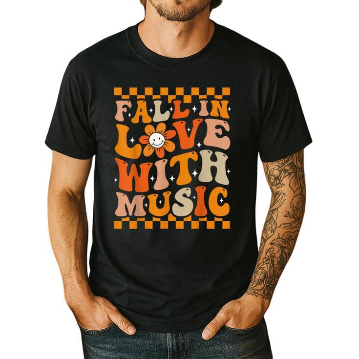 Fall In Love With Music Groovy Thanksgiving Music Teacher Men Women Girls Kids Men's Casual T-Shirt