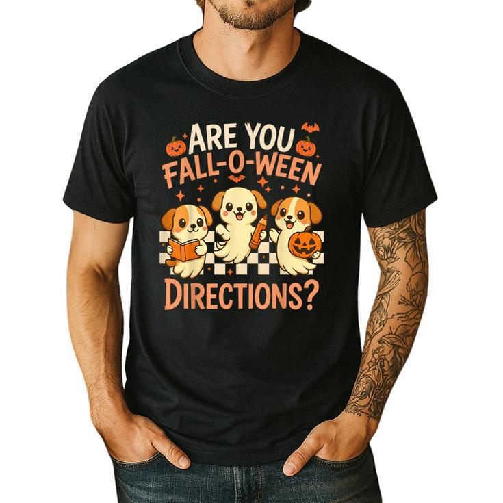 Are You Fall O Ween Directions Teacher Halloween Dog Ghost Men's Casual T-Shirt