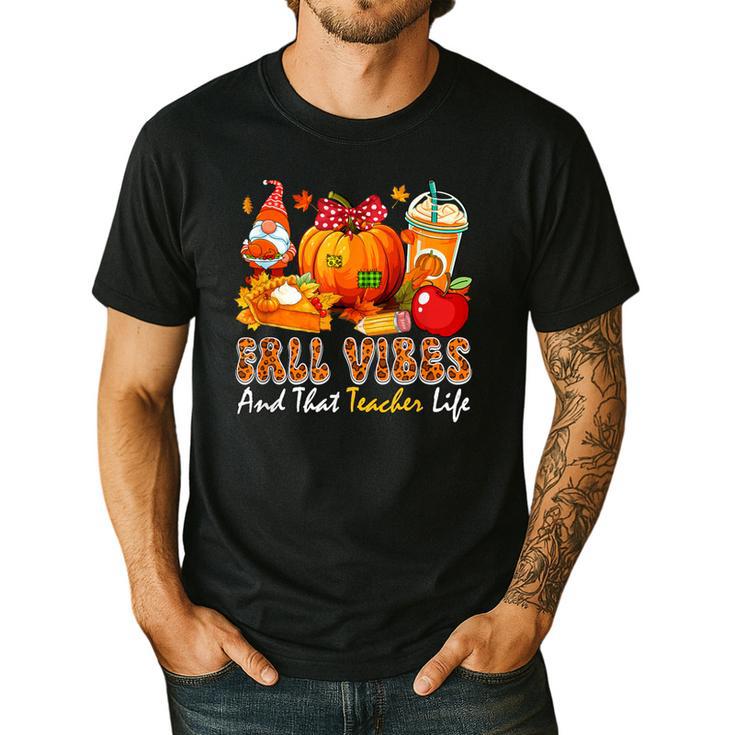 Fall Vibes Costume Teacher Thanksgiving Leopard Gnome Men's Casual T-Shirt