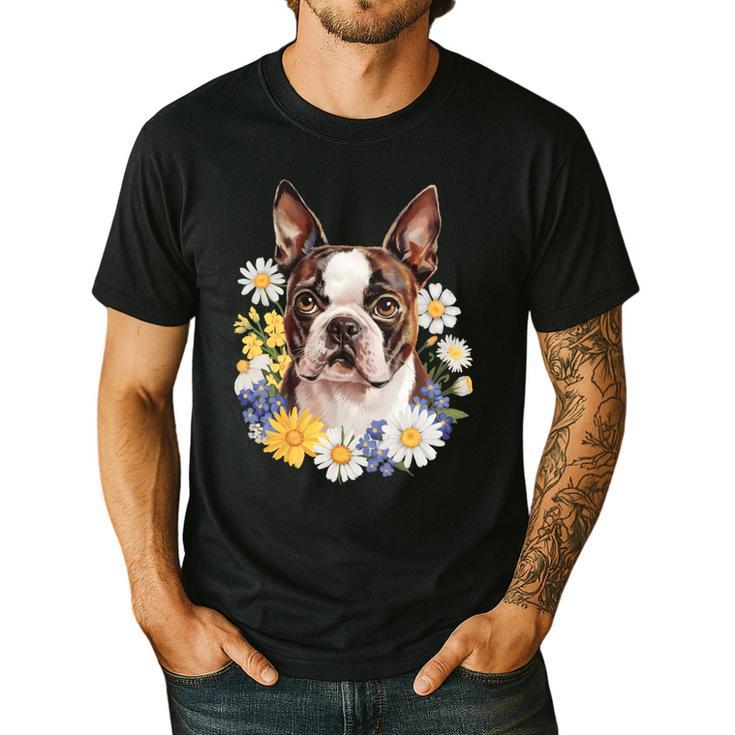 Floral Boston Terrier Men's Casual T-Shirt