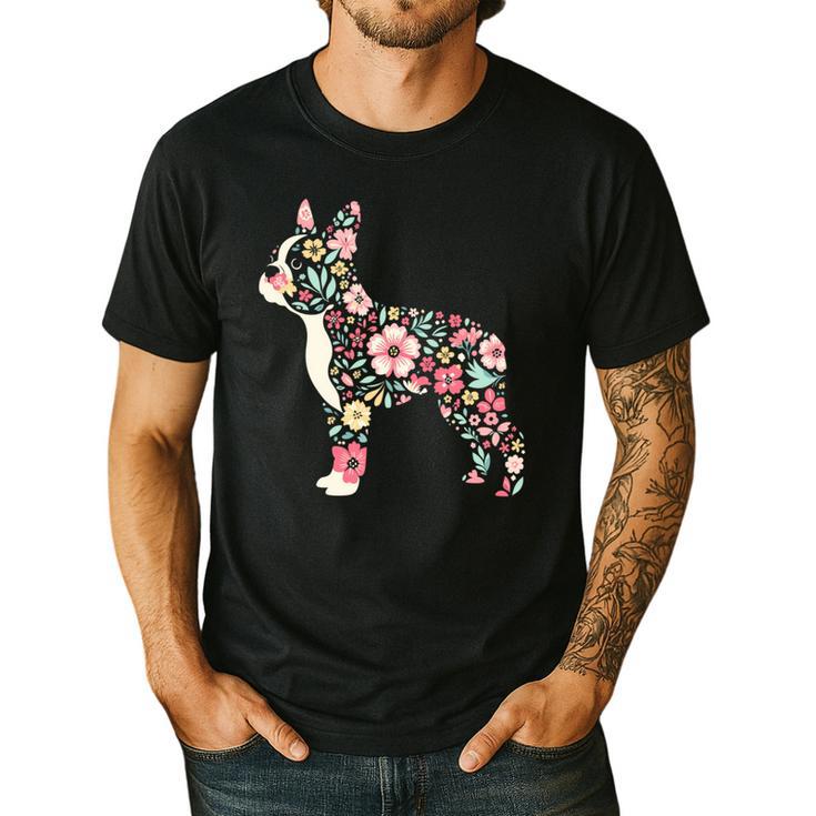 Floral FLower Boston Terrier Mom Grandma Men's Casual T-Shirt