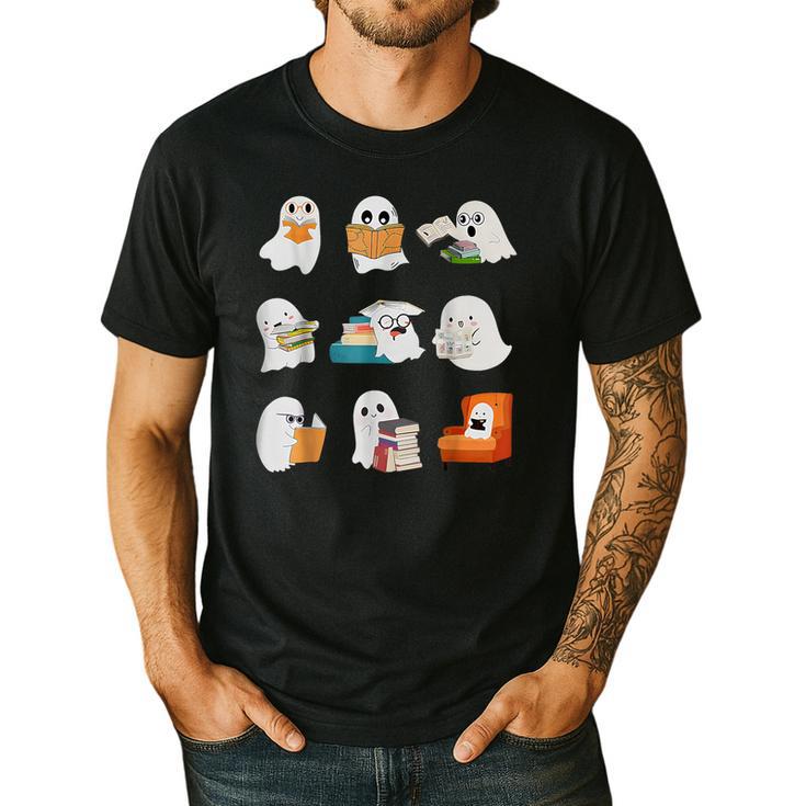 Ghost Reading Teacher Halloween Librarian Book Lover School Men's Casual T-Shirt