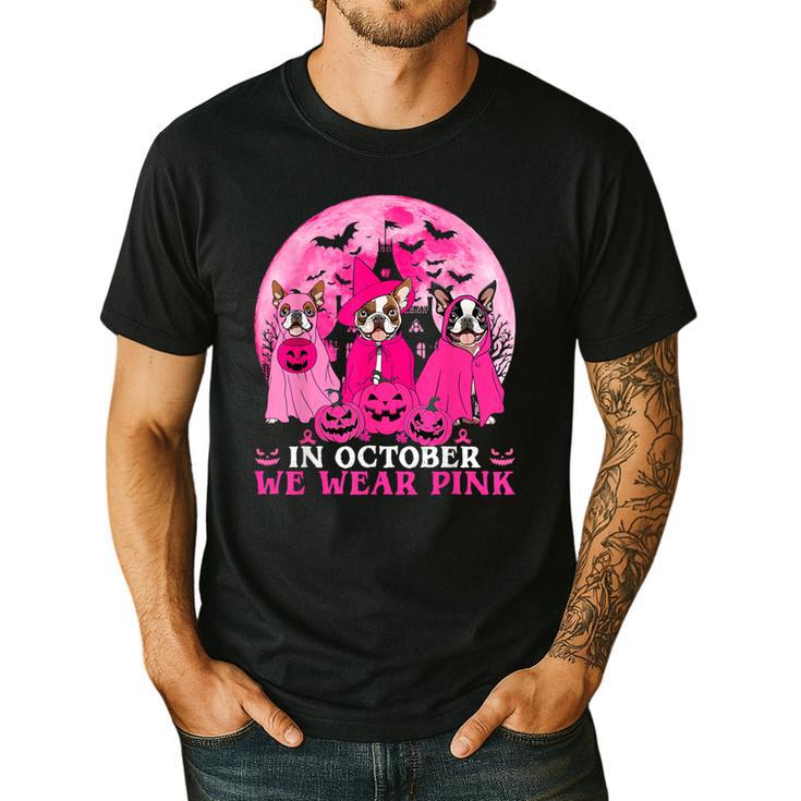 Ghost And Witch Boston Terrier Dog In October We Wear Pink Men's Casual T-Shirt