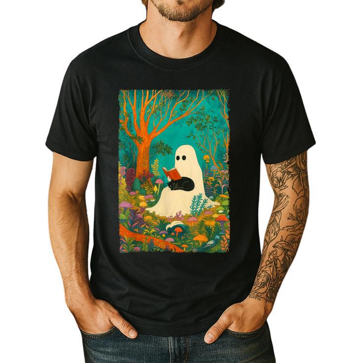 Groovy Ghost Reading Book Cat Halloween Ghost Teacher Men's Casual T-Shirt