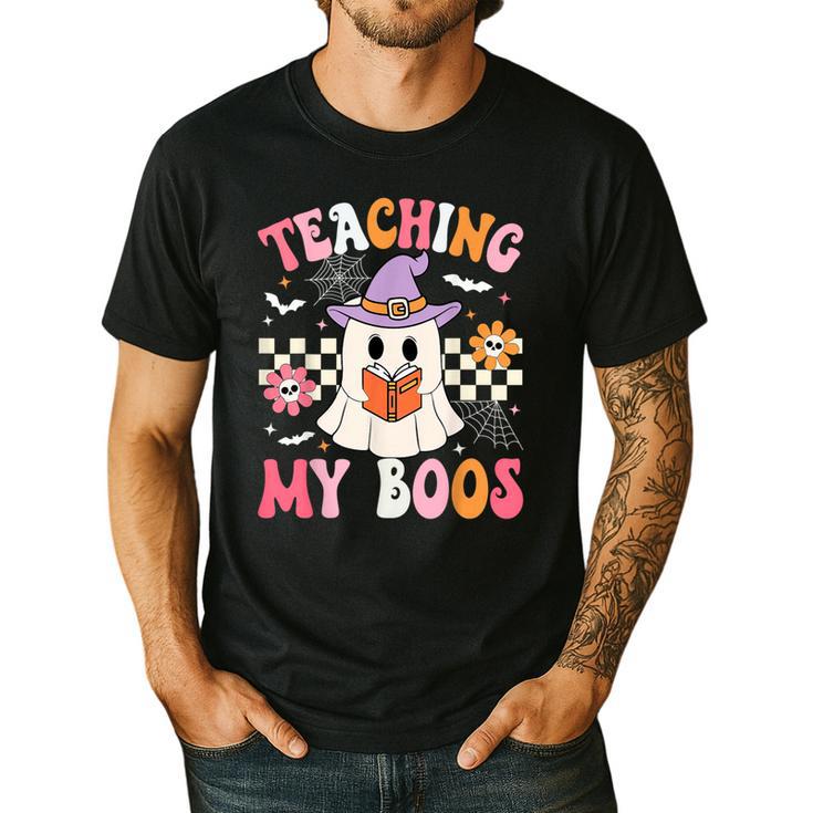 Groovy Teaching My Boos Teacher Ghost Halloween Teacher Men's Casual T-Shirt
