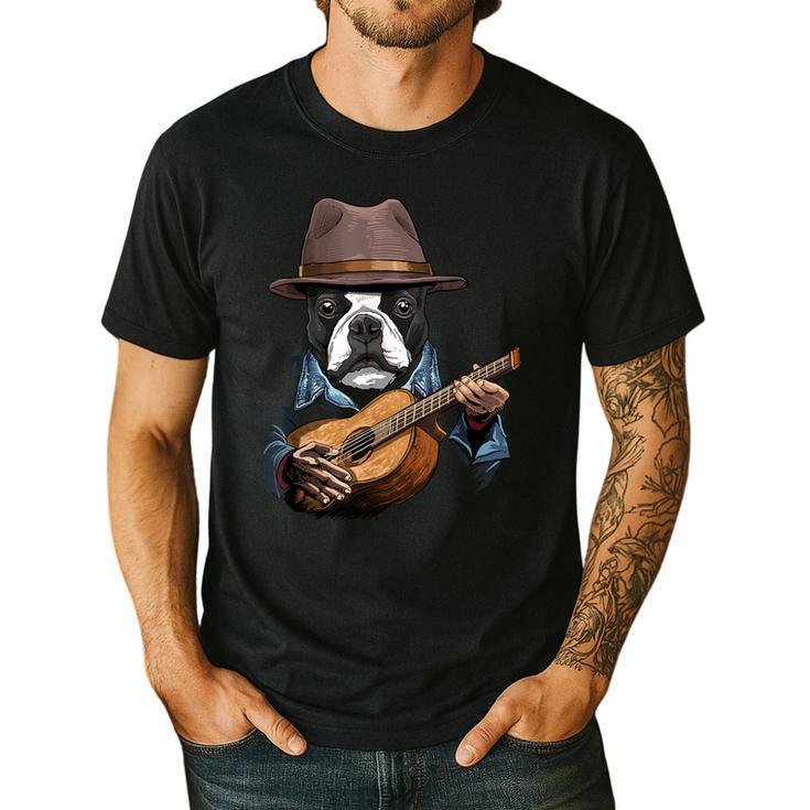 Guitar Shirt Boston Terrier Dog Playing Acoustic Guitar Men's Casual T-Shirt
