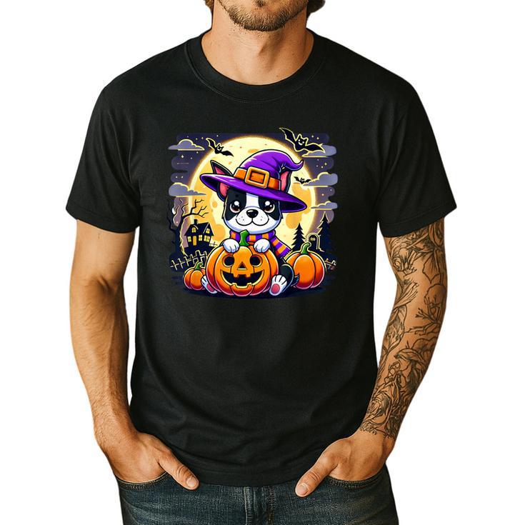 Halloween Boston Terrier Dog Breed With Jack O' Lantern Art Men's Casual T-Shirt